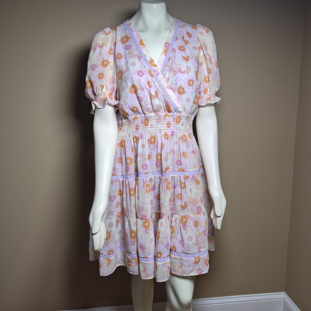 Taylor Floral Tiered Mini Dress‎ Lavender Orange Lace Trim Smocked Waist Size 12